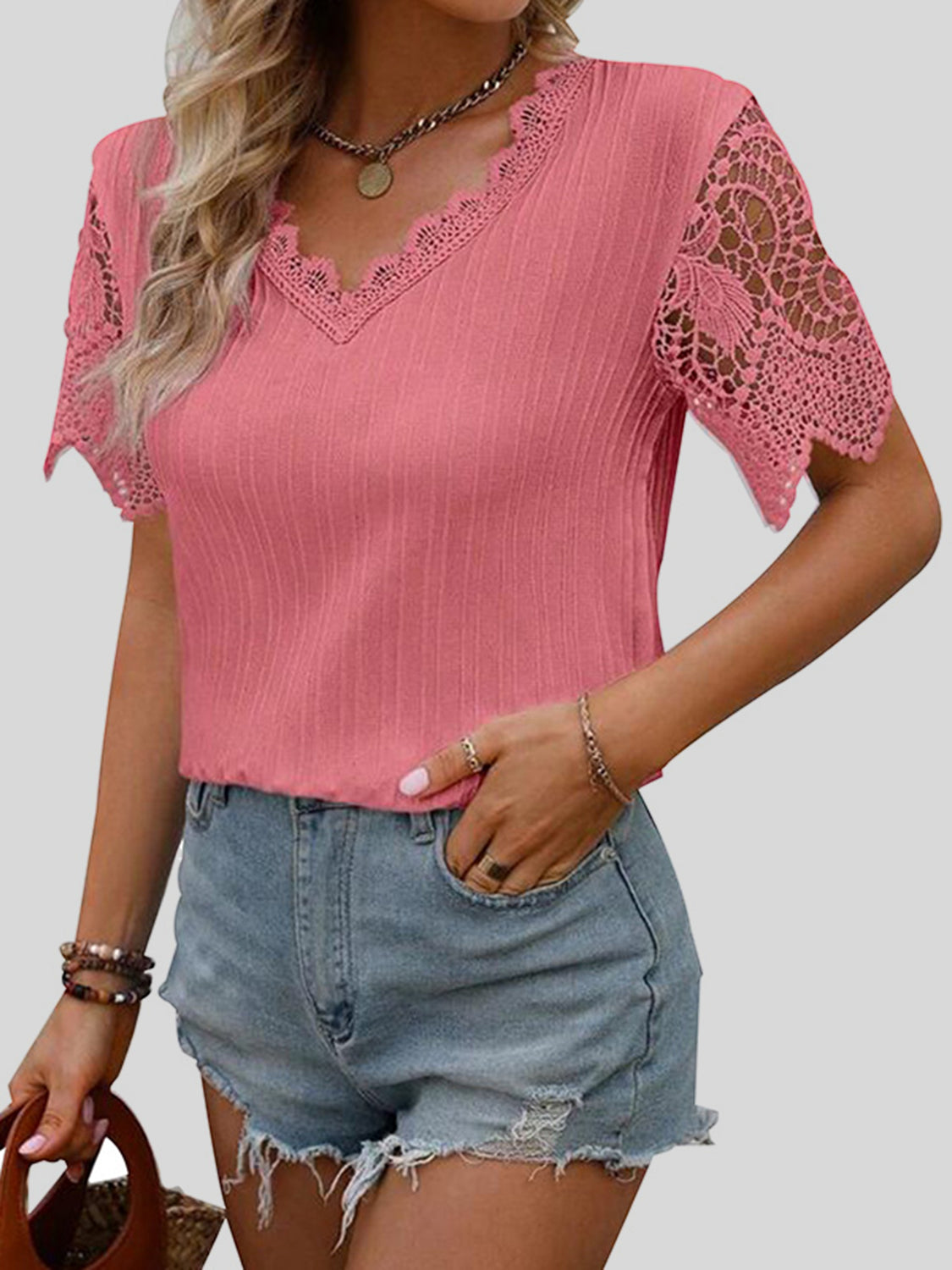 Lace Detail V-Neck Short Sleeve Blouse