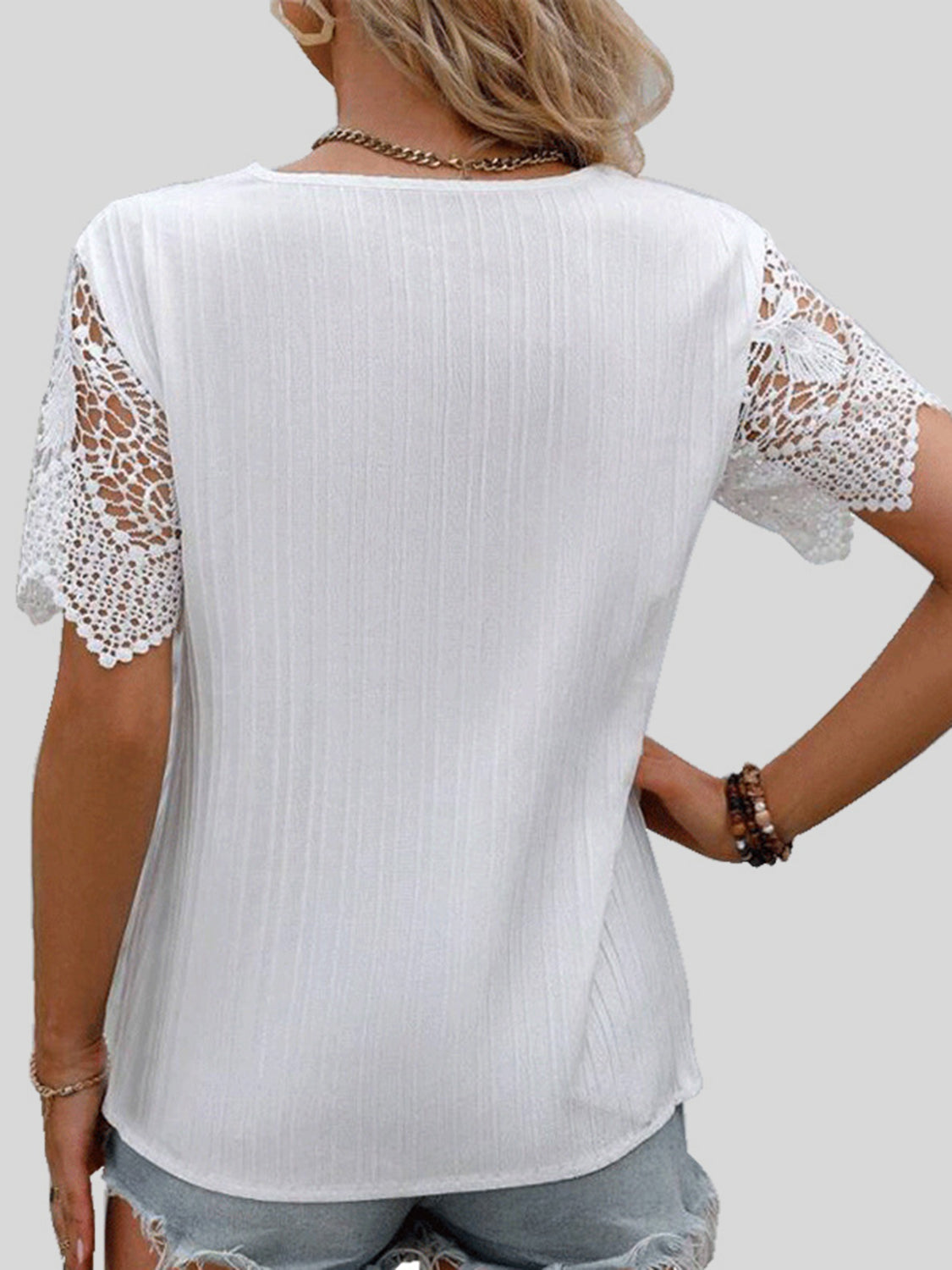 Lace Detail V-Neck Short Sleeve Blouse